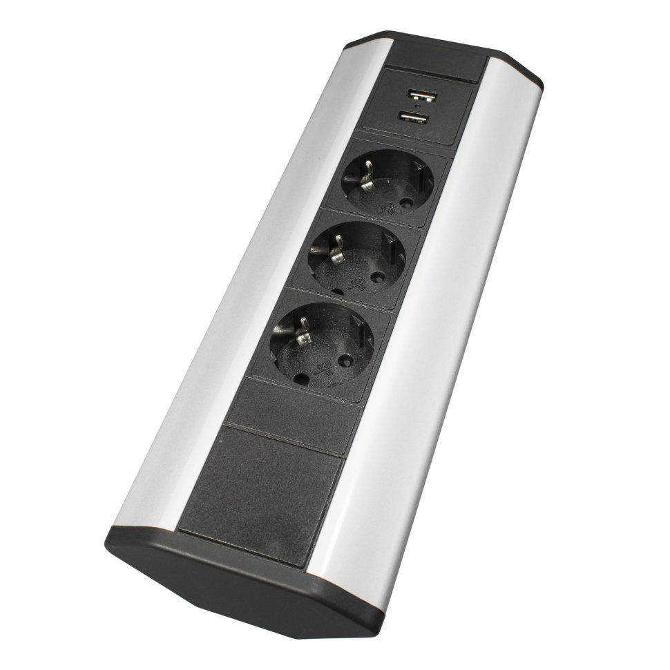 Угловая накладная, 3хEURO+2USB A, серый, усовое заземл., IP20, пластик, GLS