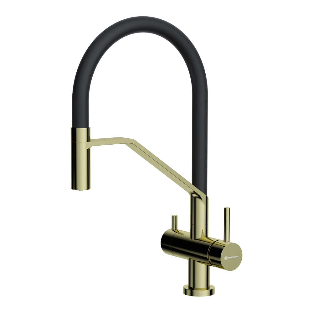 Смеситель Akeno-LG-BL, латунь, светлое золото/черный гибкий шланг