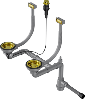 Арматура для двухчашевых моек WK-2-A-LG, прямоуг. перелив, клапан-автомат, св. золото