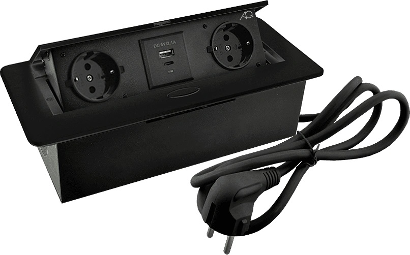 Горизонтальная, 2хEURO+2хUSB A+C, полуавтомат, черный, 263х117х65мм, металл/пластик, AQ