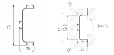 Горизонтальная ручка-профиль C-образная, h=71,9 мм, L=4м, титан