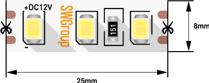 Лента  8х5000мм, SMD 2835, 12В, нейтральный,  9,6 Вт/м, 120 диодов/м, 900 Лм/м, IP20, SWG