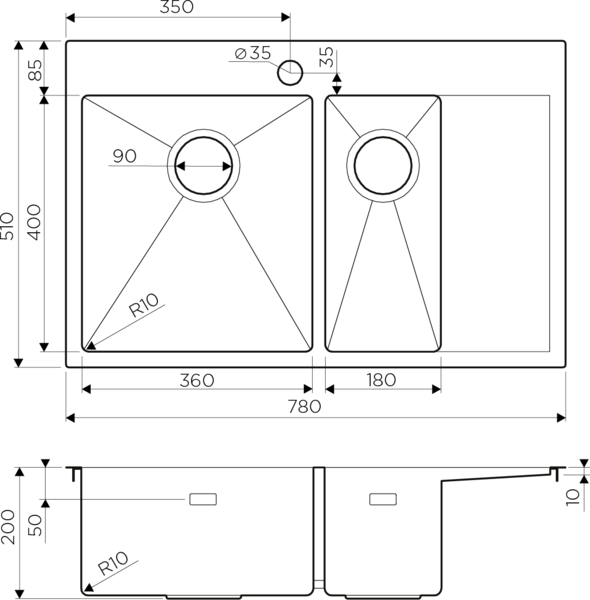 Мойка Akisame 78-2-GM-L, нержавеющая сталь, вороненая сталь  