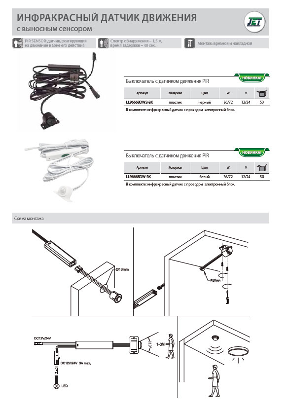 Выключатель ИК на движение, с выносным сенсором, 12-24В/36-72Вт, врезной/накладной, белый