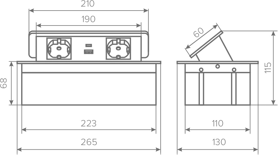 Горизонтальная, 2хEURO+2хUSB A+C, полуавтомат, черный, 263х117х65мм, металл/пластик, AQ