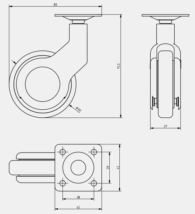 Опора колесная с площадкой, d=60мм, без стопора, пластик, черный, до 30кг, GTV