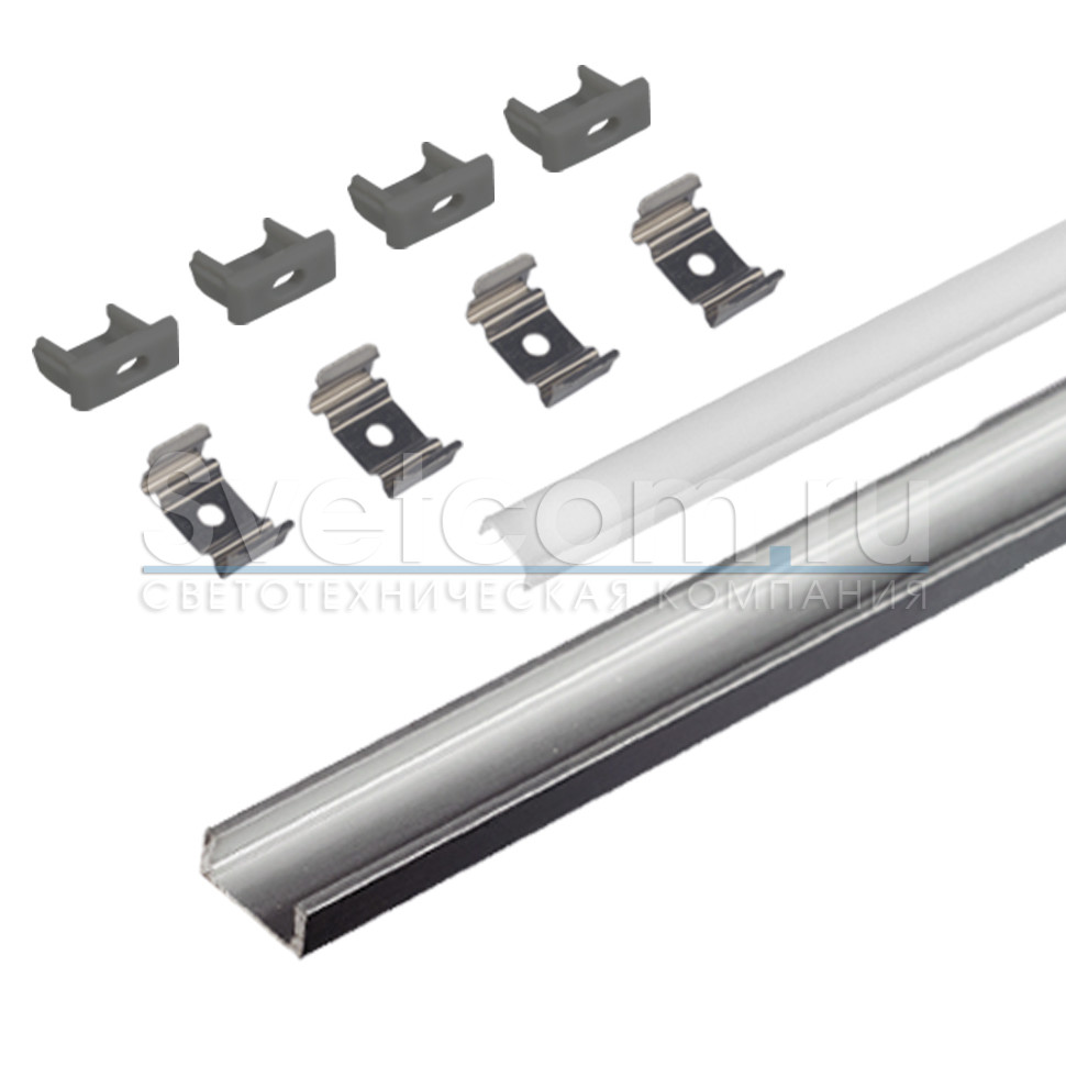 Профиль накладной 16х6х2000мм, лента ≤10мм, алюминий (диффузор полумат., 6 заглушек+6 клипс), 1506W