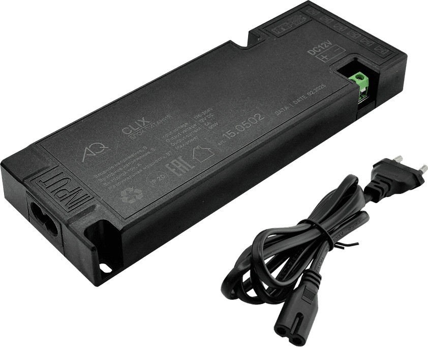 Трансформатор  60W/12V, IP20, компактный, шнур 1м/miniAMPх6, пластик, CLIX AQ