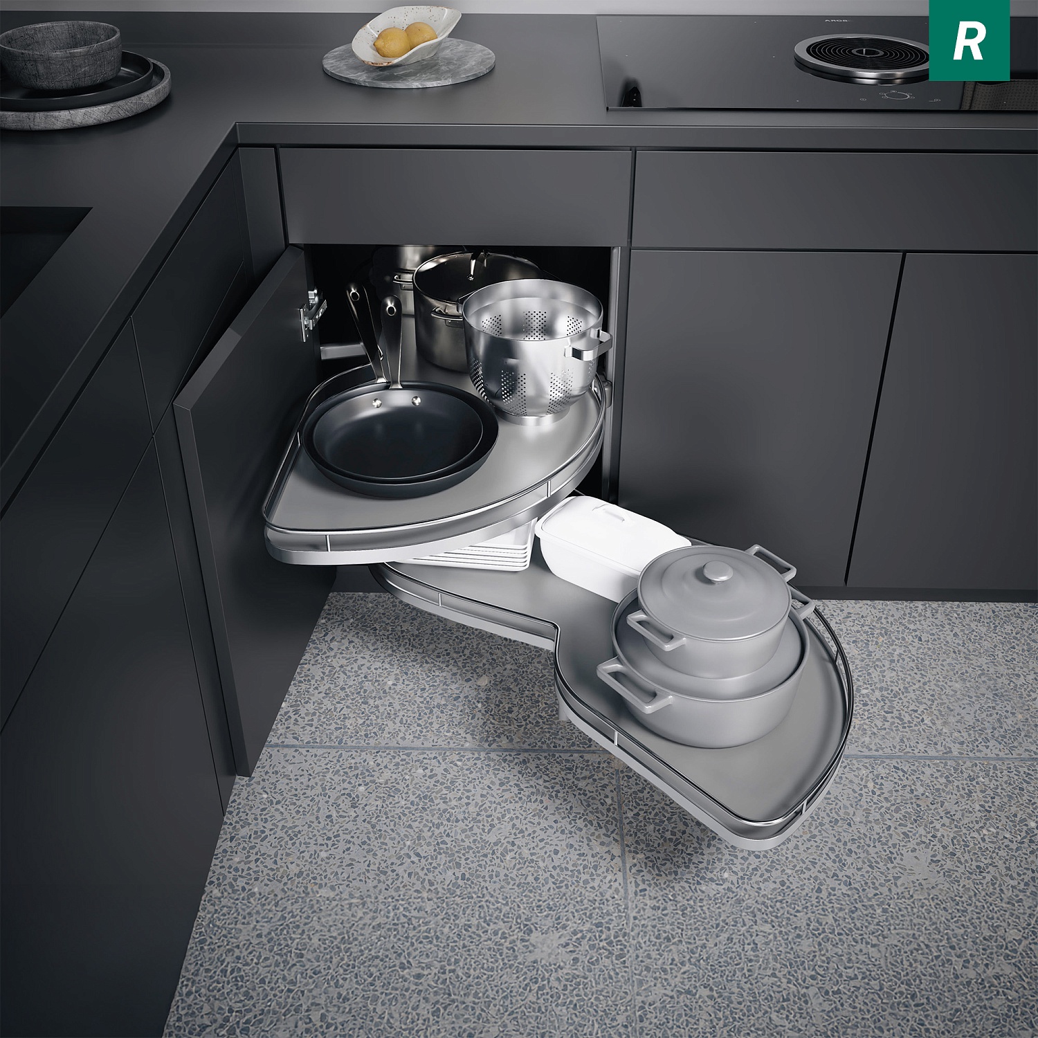 Механизм Леманс 600мм в угловой шкаф, 2 полки, H 720-900мм, правый, хром, Kessebohmer