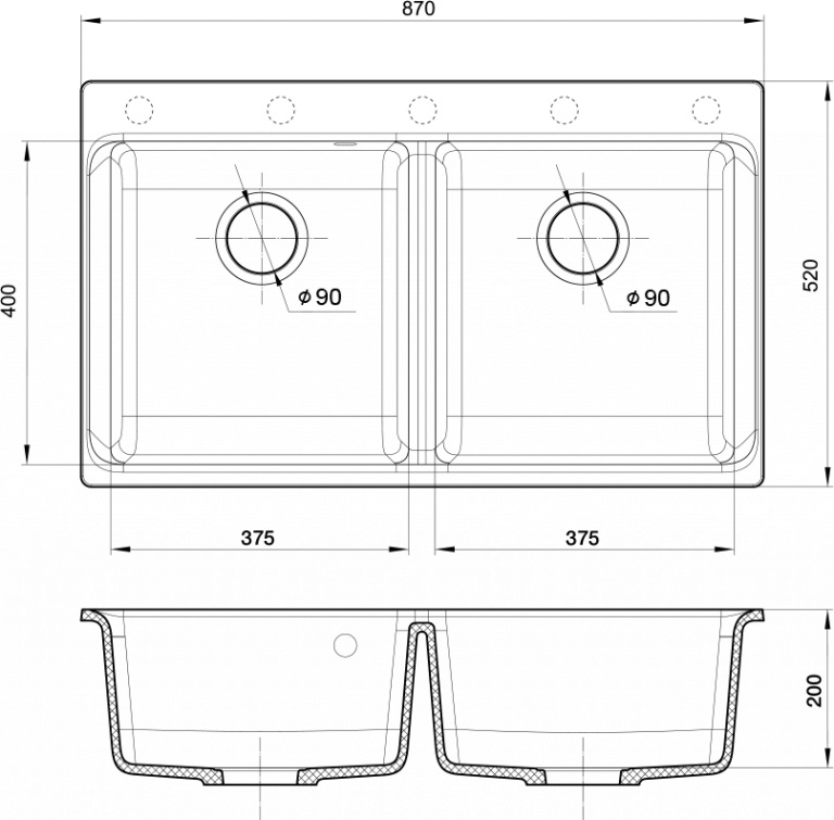 Мойка Rivelato AXEL 90-2D, 870х520x200мм, антрацит