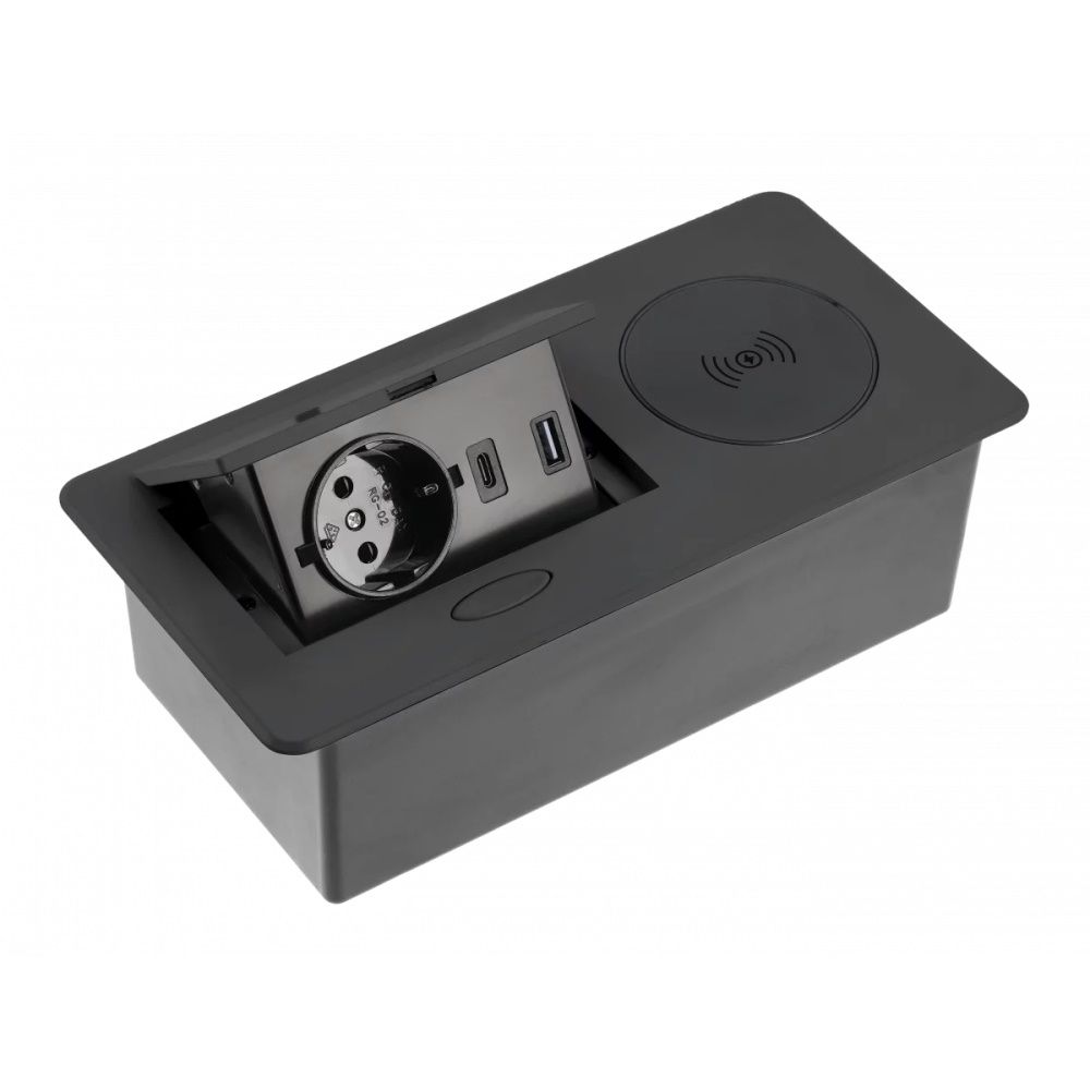 Горизонтальная, 1хEURO+2хUSB A+C+Qi, полуавтомат, черный, 240х119х72мм, алюм./пластик, GTV