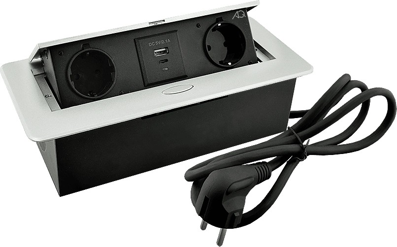 Горизонтальная, 2хEURO+2хUSB A+C, полуавтомат, серый, 263х117х65мм, металл/пластик, AQ