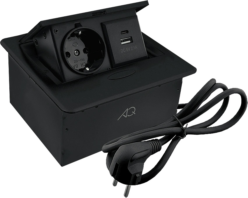 Горизонтальная, 1хEURO+2хUSB A+C, полуавтомат, черный, 138х135х68мм, металл/пластик, AQ