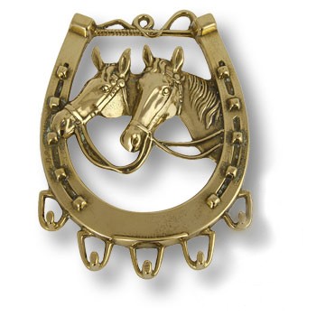 Настенная ключница "Подкова с лошадьми", 00069, латунь, глянцевая латунь