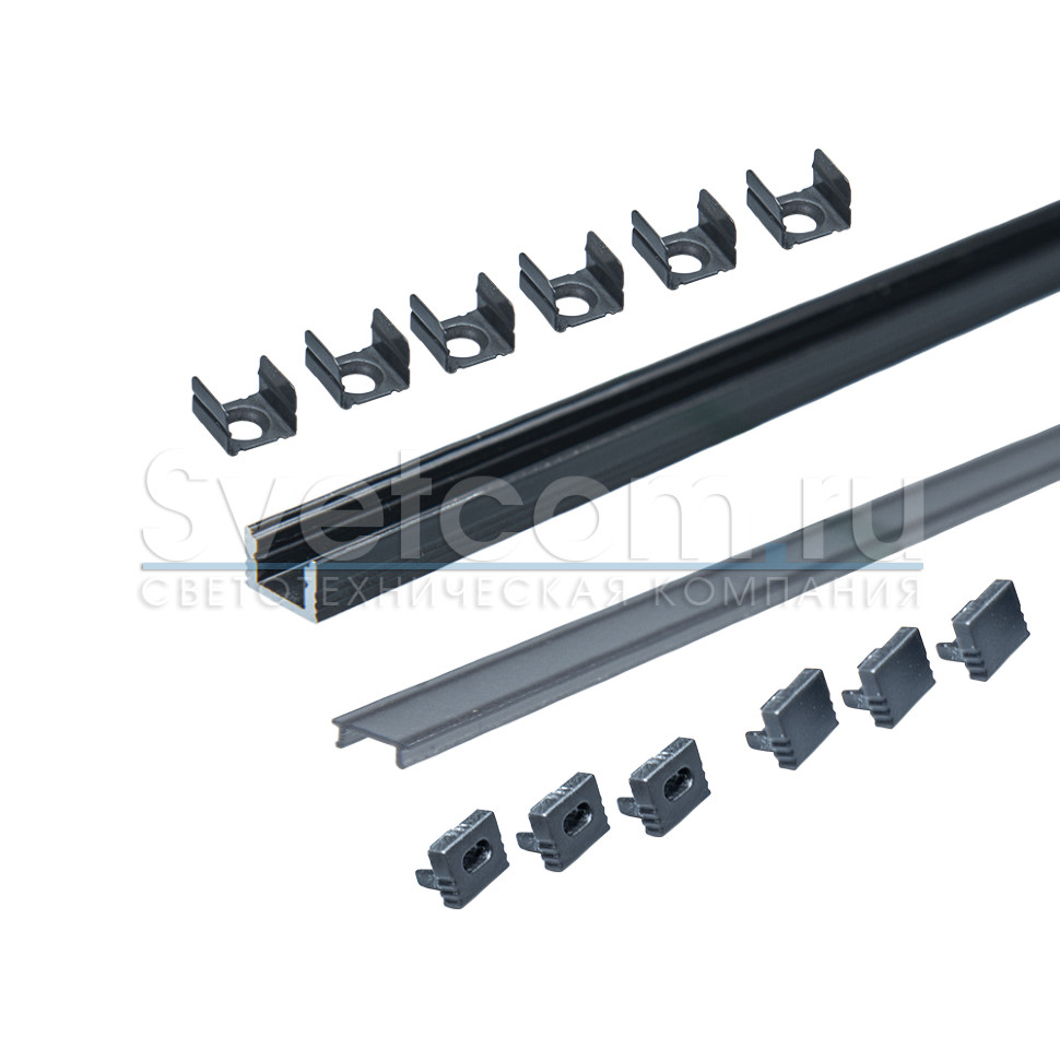 Профиль накладной 8х6х3000мм, лента ≤5мм, черный (диффузор черный, 3+3 заглушки+6 клипс)