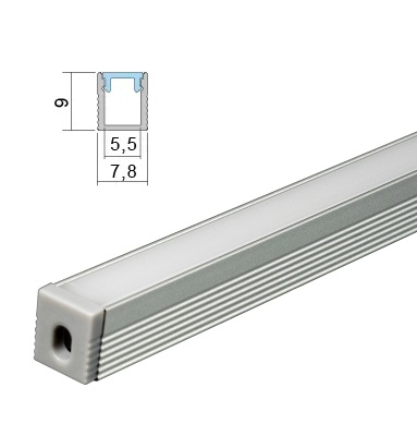 Профиль накладной 8х9х2000мм, лента ≤5мм, алюминий (диффузор полуматовый, 2+2 заглушки+4 клипсы)