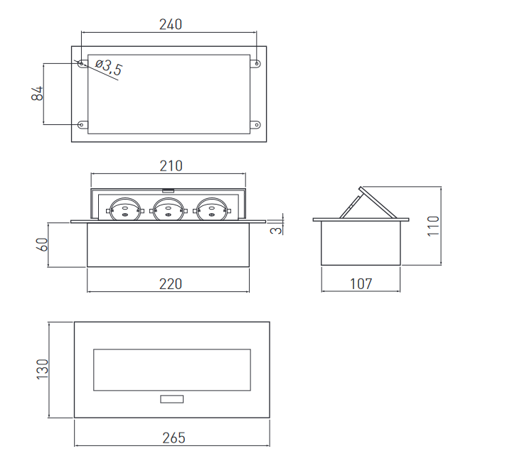 Горизонтальная, 3хEURO, полуавтомат, белый, усов. заземл., 265х130х60мм, алюм./пластик, GTV