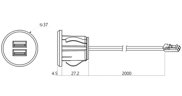 Встраиваемая 2хUSB-A, 5В/2.1А (1х2.1А/2х1.05А), вход 12В, Ø37мм, черный, IP20, GLS