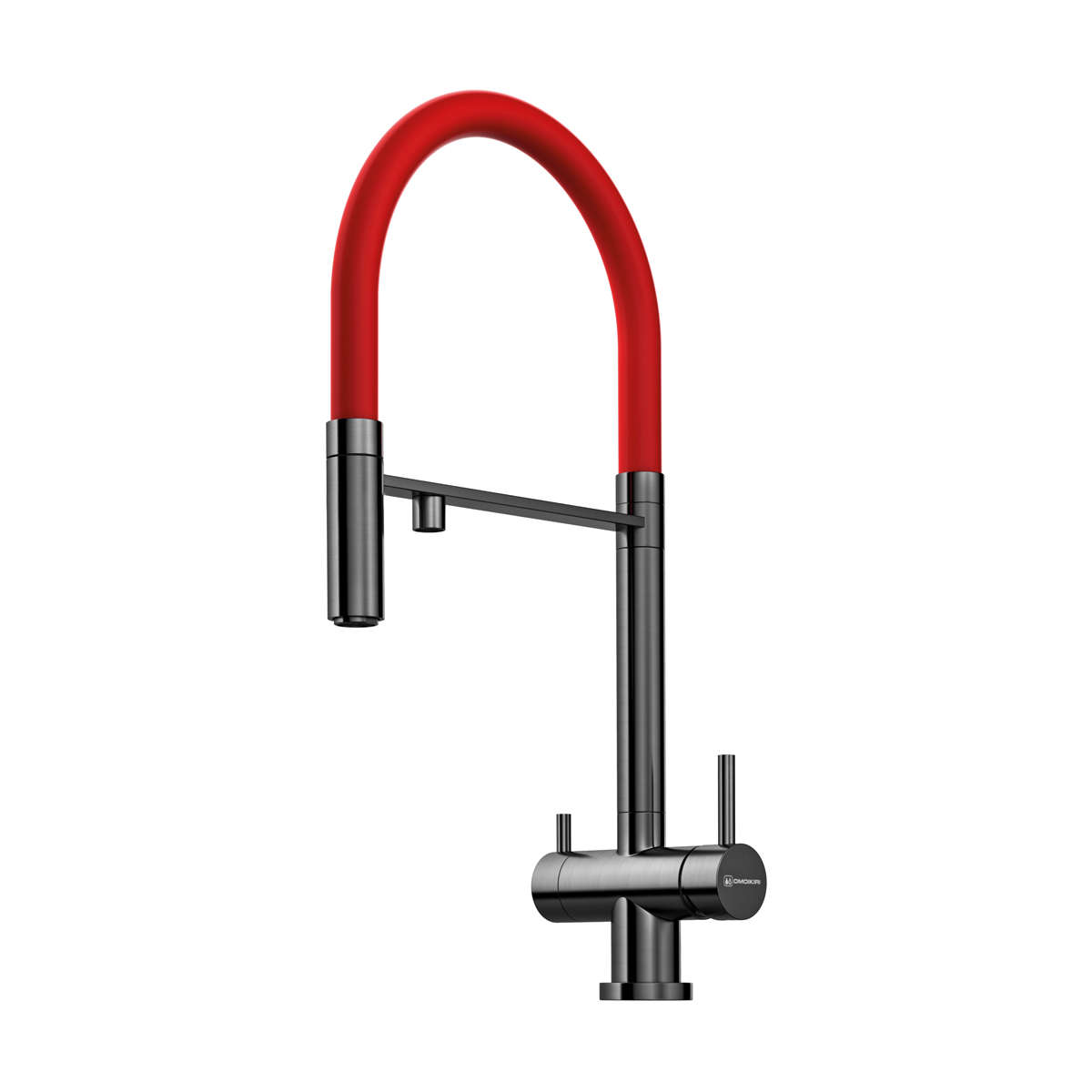 Смеситель Kanto-GM, латунь, вороненая сталь/красный гибкий шланг