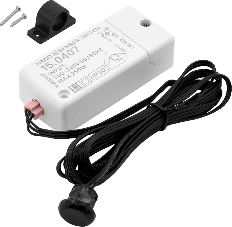 Выключатель ИК на взмах, с выносным сенсором, 220В/250Вт, врезной/накладной, Ø13мм, черный, AQ