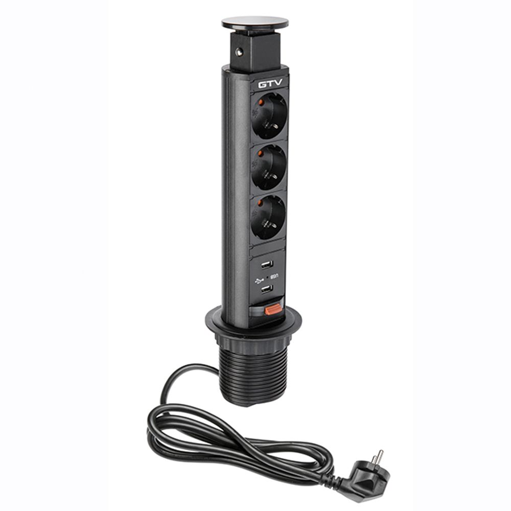 Вертикальная, 3хEURO+2USB, Ø 60мм, ручное, пластик, черный, усовое заземл., шнур 1,5м, GTV