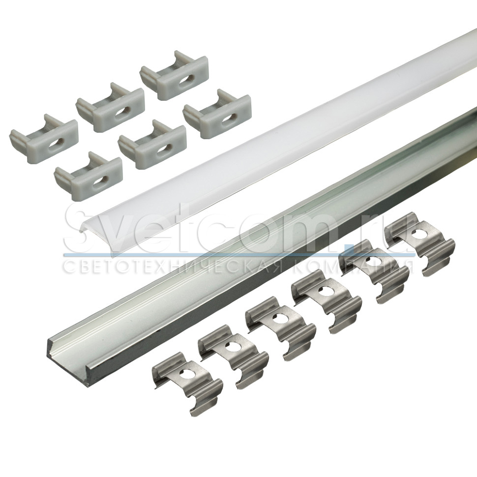 Профиль накладной 16х6х3000мм, лента ≤10мм, алюминий (диффузор матовый, 6 заглушек+6 клипс),1506W