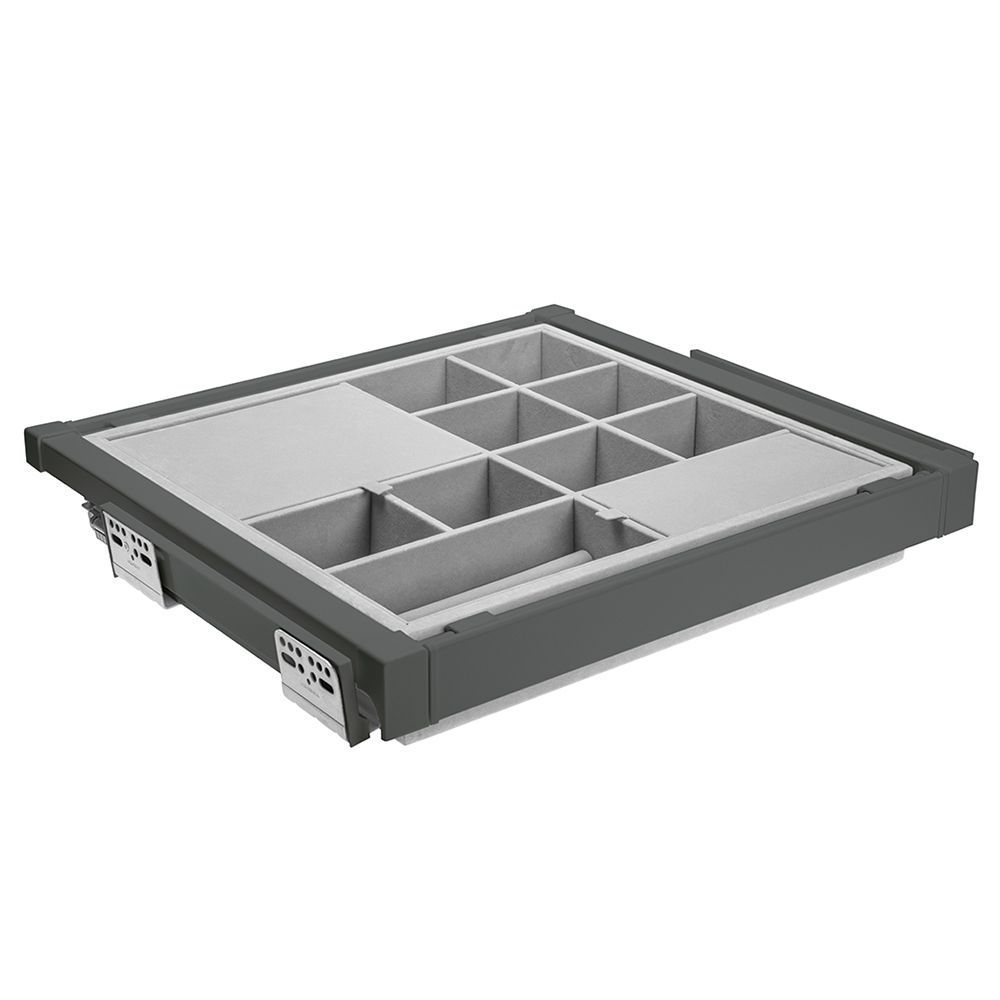 Корзина с органайзером в шкаф на 600мм, 485х560х85мм, полное выдвижение, с доводчиком, графит