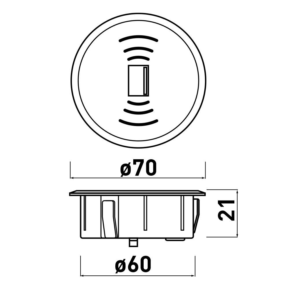 Встраиваемая беспроводная 1хUSB+Qi, 5В/2.1А/1Вт, вход 5В+зарядка, Ø60мм, черный, IP20, GTV