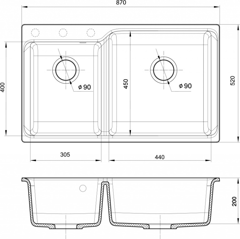 Мойка Rivelato AXEL 90D, 870х520x200 мм, антрацит