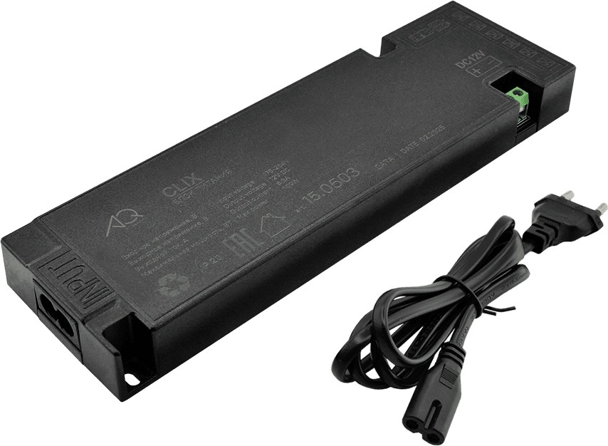 Трансформатор 100W/12V, IP20, компактный, шнур 1м/miniAMPх6, пластик, CLIX AQ