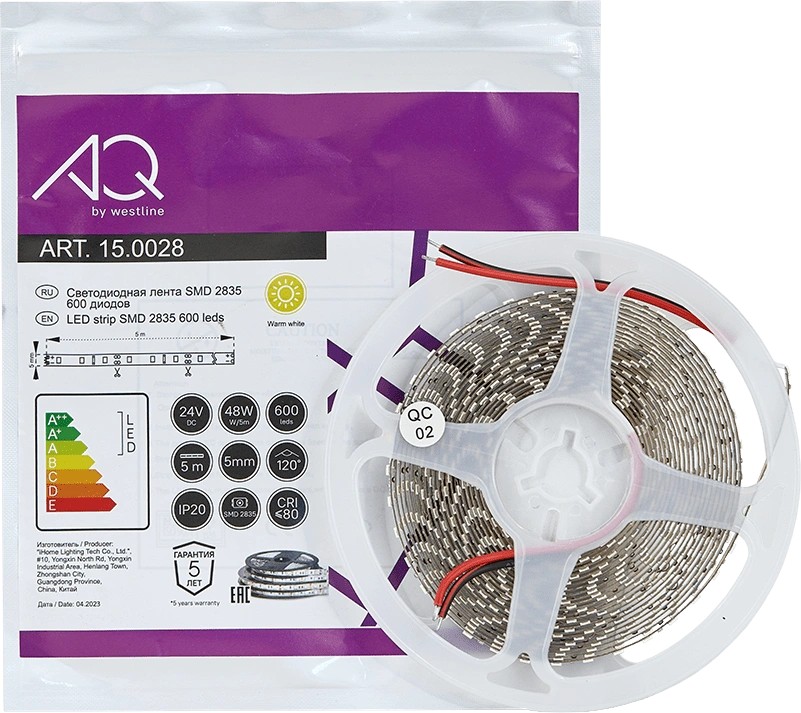 Лента  5х5000мм, SMD 2835, 24В, теплый,  9.6 Вт/м, 120 диодов/м, 1 350 Лм/м, IP20, AQ