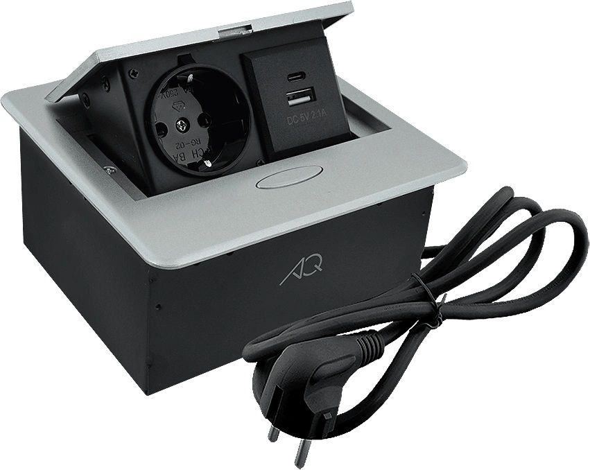 Горизонтальная, 1хEURO+2хUSB A+C, полуавтомат, алюминий, 138х135х68мм, металл/пластик, AQ