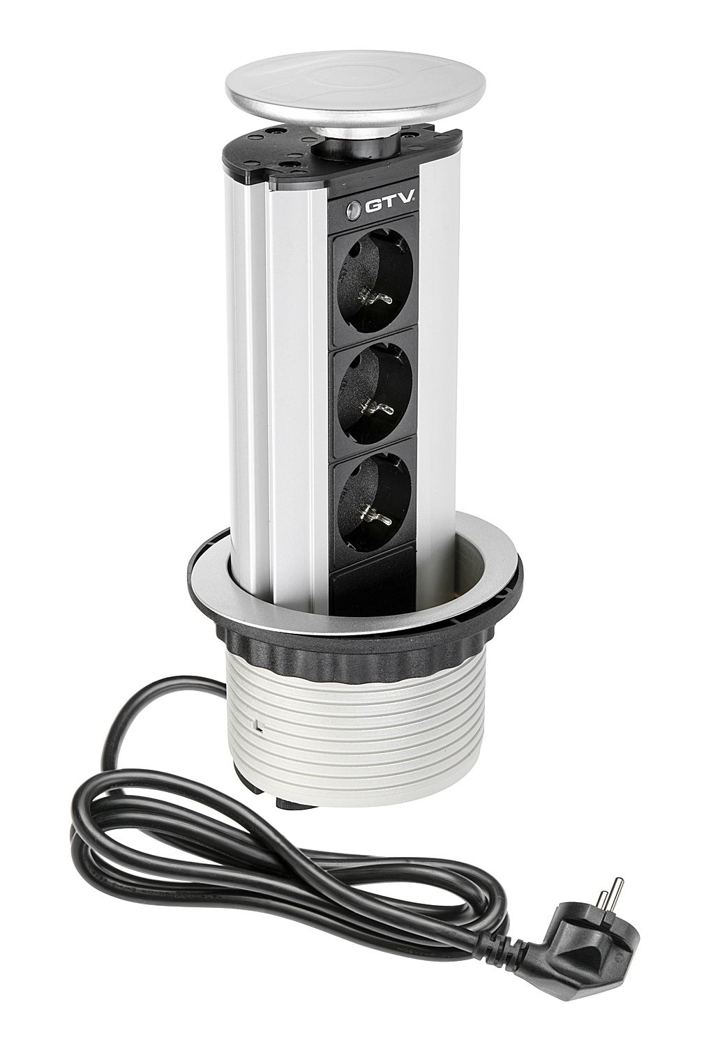 Вертикальная, 3хEURO, Ø100мм, ручное выдвижение, пластик, серый, усовое заземление, шнур 1,5м, GTV