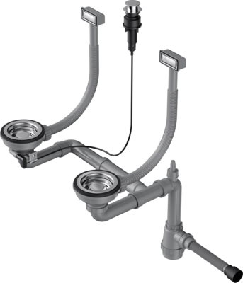 Арматура для двухчашевых моек WK-2-A-IN, прямоуг. перелив, клапан-автомат, нержавеющая сталь