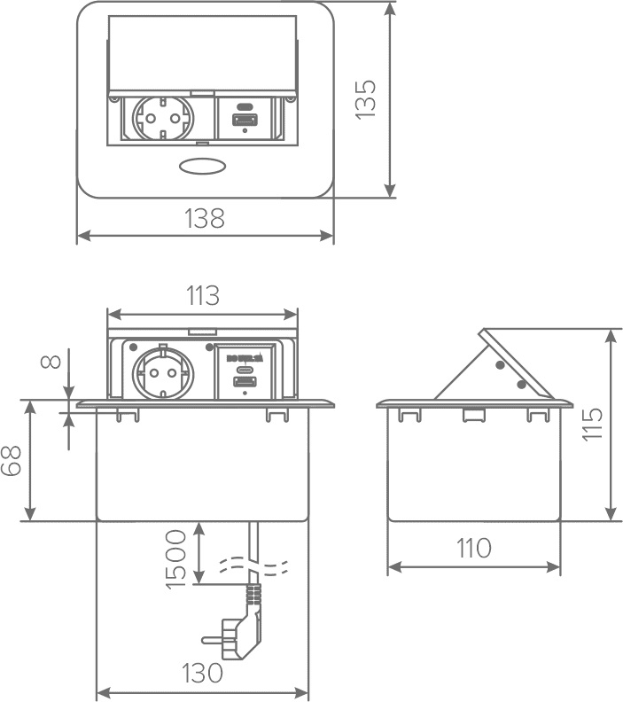 Горизонтальная, 1хEURO+2хUSB A+C, полуавтомат, алюминий, 138х135х68мм, металл/пластик, AQ