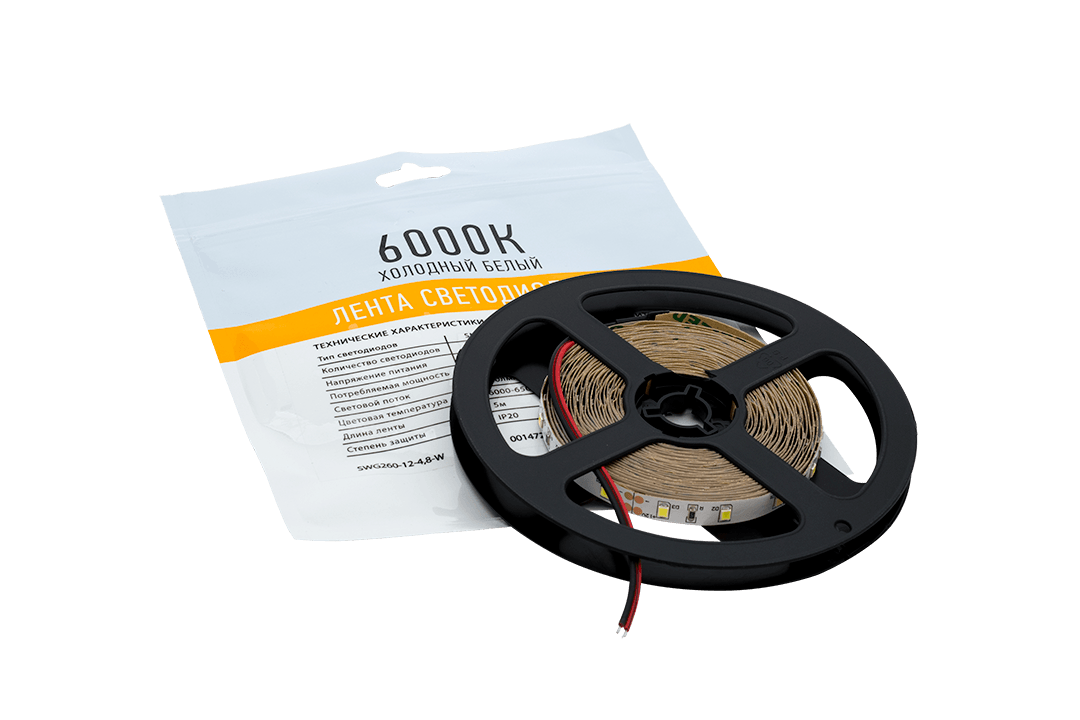 Лента  8х1.5х5000мм, SMD 2835, 12В, холодный, 4.8 Вт/м, 60 диодов/м, 250 Лм/м, IP20, SWG