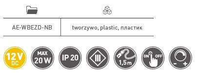Выключатель врезной на касание с диммером, Ø20мм, 12В/20Вт, miniAMP, шнур 1,5м, хром