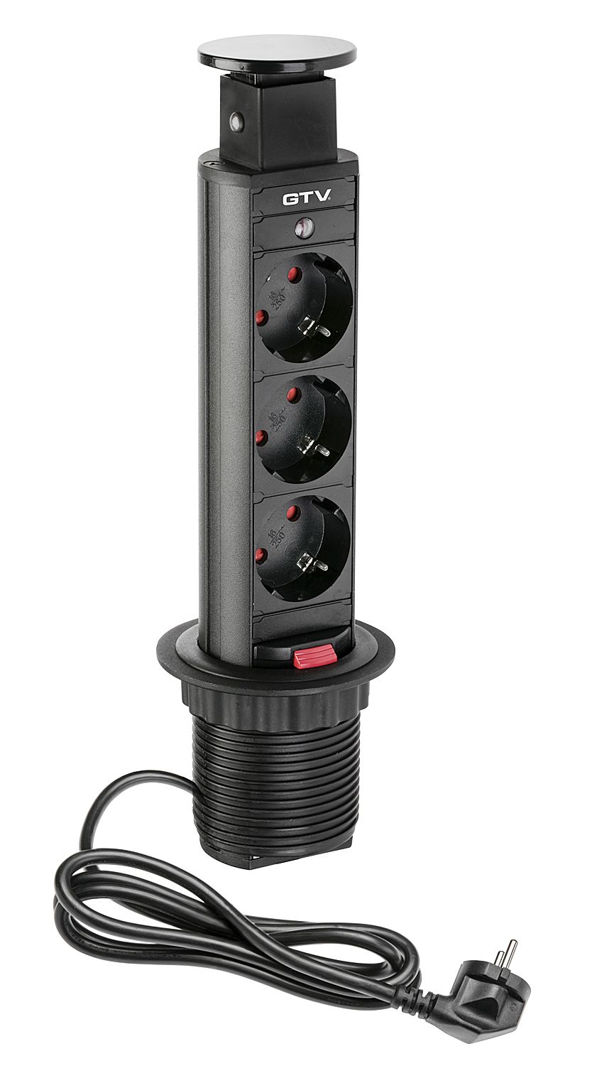 Вертикальная, 3хEURO, Ø 60мм, ручное, пластик, черный, усовое заземл., шнур 1,5м, GTV