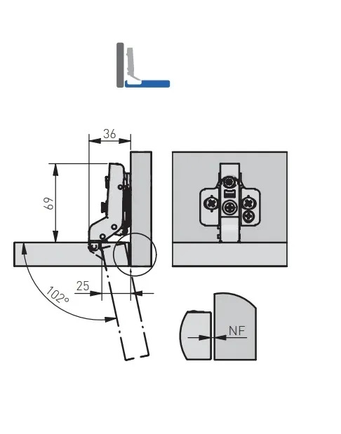 GTV Петля Silento Pro внутренняя, для ал. рамок, с клипом, с планкой 0мм, доводч 2way, БЕЗ евро, чер