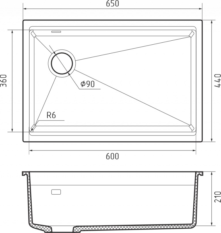 Мойка Rivelato LINO 654-L, 650х440х210мм, антрацит