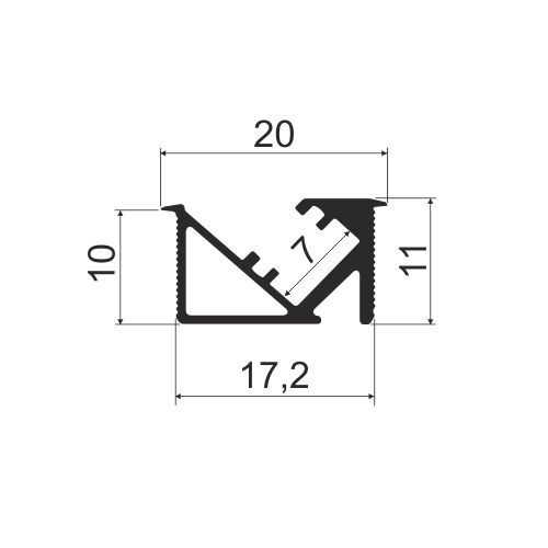 Профиль врезной угловой 20х11х3000мм, лента ≤5мм, черный (без диффузора), LD 01