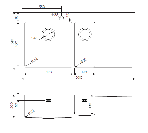 Мойка Akisame 100-2-GM-L, нержавеющая сталь, вороненая сталь  