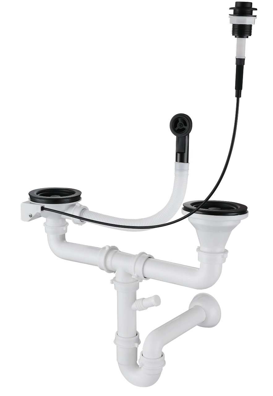 Сифон двойной 3 1/2" полуавтоматический с круглым переливом и отводом, черный