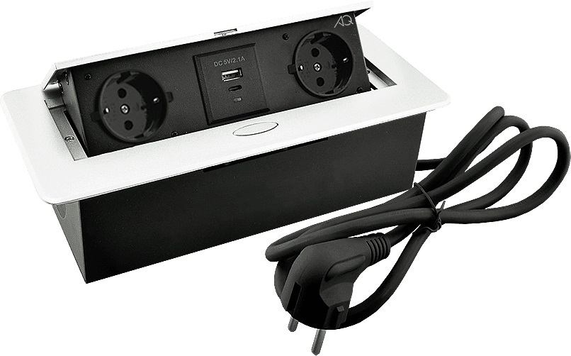 Горизонтальная, 2хEURO+2хUSB A+C, полуавтомат, белый, 263х117х65мм, металл/пластик, AQ