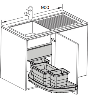 Система "Ein2slide", 12л+2х5,5л, в угловой шкаф на 900мм (механизм, 1 полка), левая
