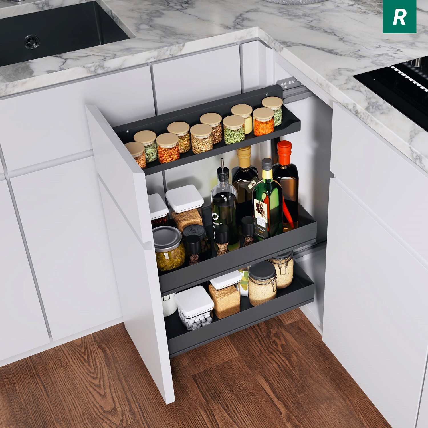 Выдвижная система Комфорт II в базу 300мм, 2 полки Арена Пьюр, правый, антрацит, Kessebohmer