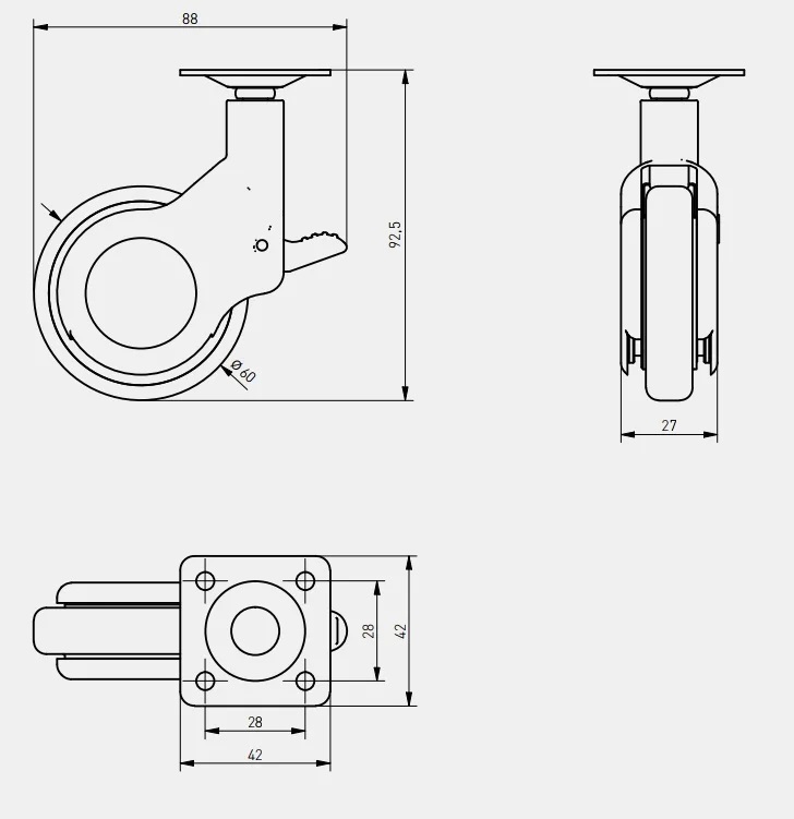 Опора колесная с площадкой, d=60мм, со стопором, пластик, черный, до 30кг, GTV