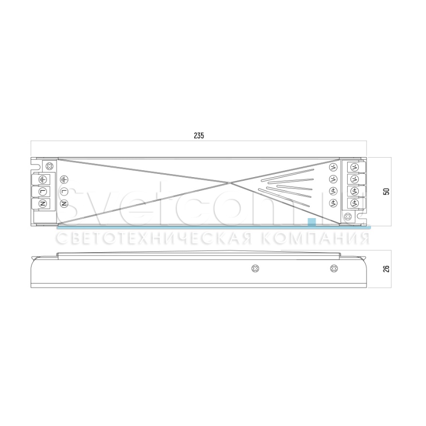 Трансформатор 150W/12V, 12A, защита от КЗ, 205х50х24мм, IP20, плоский, быстрозажим., алюминий, GLS