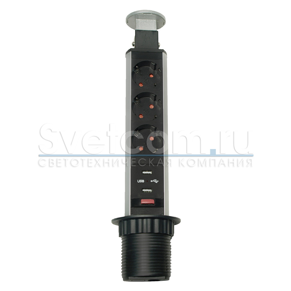 Вертикальная, 3хEURO+2USB, Ø 60мм, ручное, пластик, серый, усовое заземл., шнур 1,8м, GLS