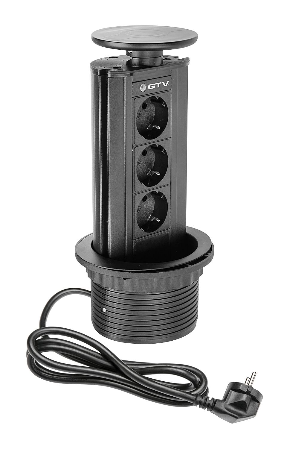 Вертикальная, 3хEURO, Ø100мм, ручное выдвижение, пластик, черный, усовое заземление, шнур 1,5м, GTV